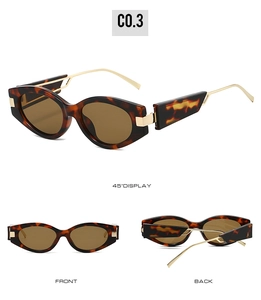 Detailed views of tortoise shell cat-eye sunglasses with gold metal temples