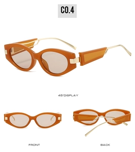 Three-way view of cat-eye sunglasses with amber frames and gold metal temples