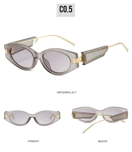 Three-way view of cat-eye sunglasses with grey translucent frames and gold metal temples
