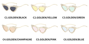 Griglia dettagliata con sei opzioni di colore per occhiali da sole cat-eye con strass