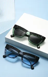 Detail of square cat-eye sunglasses with black 3D wave texture on translucent frames