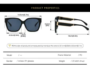 Detailed size chart for square sunglasses showing lens width and PC frame dimensions