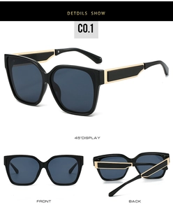Detailed views of square fashion sunglasses with gold and black metal temples