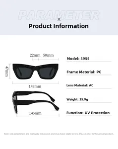 Detailed size chart for cat eye sunglasses showing PC frame and AC lens dimensions