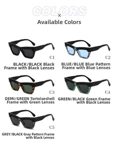 Cat eye sunglasses detail in five stylish colors including black, blue, and tortoiseshell