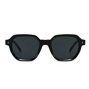 Classic black geometric sunglasses with silver rivet accents and dark lenses on white base