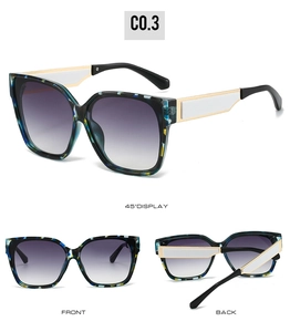 Detailed views of square sunglasses with multi-color pattern frames and gradient lenses