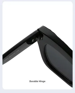 Detail view of the sturdy metal hinge and size specifications on black square sunglasses
