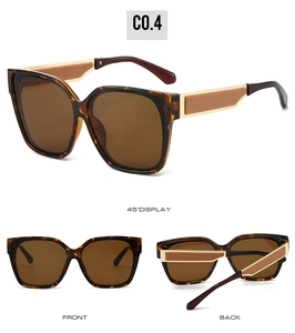 Multi-angle views of tortoiseshell square sunglasses with gold-accented temples