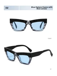 Front and 45-degree views of cat-eye sunglasses with blue pattern frames and blue lenses