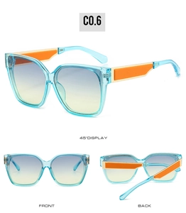 Three perspectives of square gradient sunglasses with transparent blue frame and orange arms