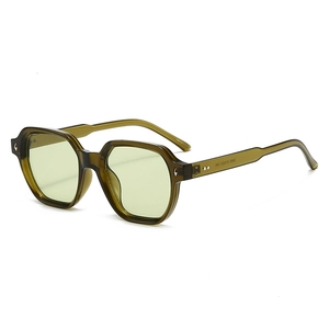 Olive green square frame sunglasses with yellow lenses and wide temples in 45-degree view