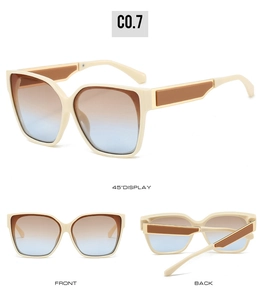 Three-way view of square sunglasses with cream frame and gradient brown-to-blue lenses