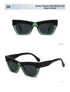 Detailed views of cat-eye sunglasses with textured black and green frames and grey lenses