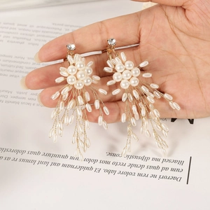 Elegant gold flower pearl tassel drop earrings with sparkling crystals for women