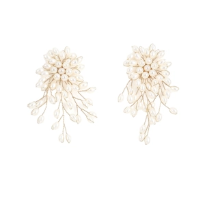 French vintage style pearl flower cluster earrings with golden tassel drops