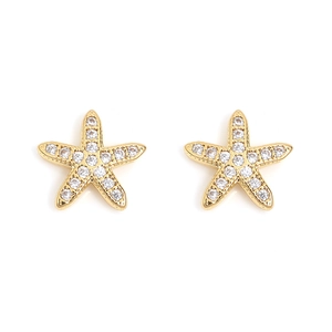 Detailed view of gold starfish earrings featuring pave-set sparkling zircon crystals