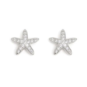 Macro shot of silver starfish stud earrings with sparkling pavé-set cubic zirconia detail
