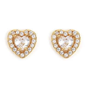 Detailed view of heart-shaped zircon earrings with halo setting in gold-plated metal