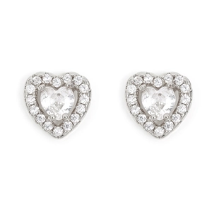 Macro shot of silver heart-shaped stud earrings with sparkling pavé-set cubic zirconia stones