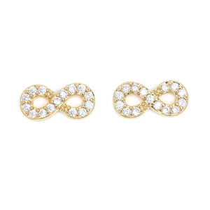 Detail of gold infinity stud earrings with micro-pave white cubic zirconia stones