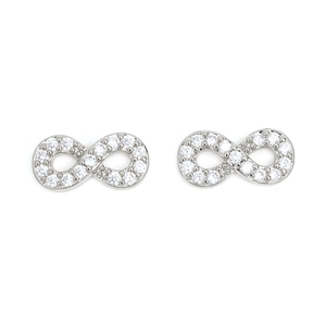 Detail of silver infinity earrings with pavé set cubic zirconia and polished finish
