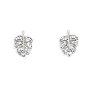 Close-up of leaf-shaped stud earrings with pavé-set shimmering cubic zirconia stones