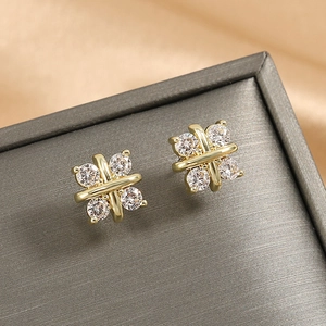 Boucles D'oreilles En Laiton Et Zircon Avec Tige En Argent Sterling 925 Design En X Croix Bijoux Mode Pour Femmes
