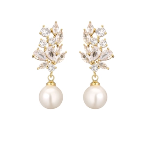 Elegant gold drop earrings with marquise crystals and round white pearls for evening wear