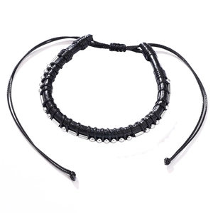 Handmade beaded bracelet with silver metal beads and adjustable black woven cord strap
