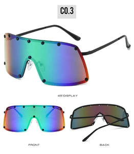 Vue multi-angle de lunettes de soleil à rivets avec verres dégradés irisés surdimensionnés