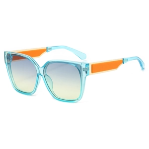 Square fashion sunglasses with transparent blue frame, gradient lenses, and orange detail