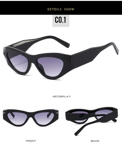 Multiple views of thick-frame cat-eye sunglasses with purple gradient lenses