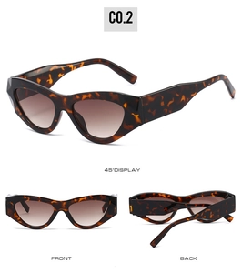 Three views of retro cat-eye sunglasses with tortoiseshell frames and gradient lenses