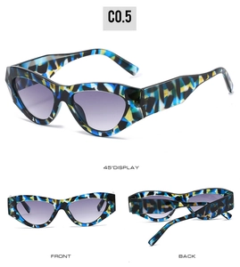 Three-angle view of colorful cat-eye sunglasses with yellow-blue frames and gradient lenses