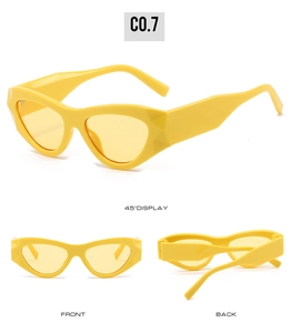 Multi-angle views of yellow cat eye sunglasses with thick frames and geometric edges
