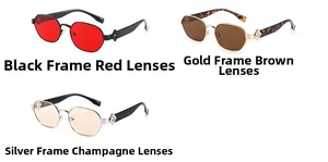 Détails de lunettes de soleil carrées en métal avec branches ajourées et verres colorés