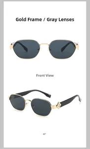 Vue détaillée des lunettes de soleil carrées dorées avec décoration géométrique de branche