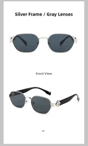 Détails des lunettes de soleil carrées avec monture en argent et verres polarisés gris