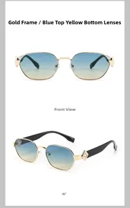Détail de lunettes de soleil dorées carrées avec verres dégradés bleu-jaune et charnière métal