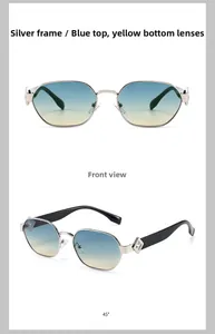 Détail de lunettes de soleil carrées argentées avec verres dégradés bleu-jaune et découpe