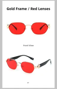 Vues de face et de côté de lunettes de soleil carrées en métal doré et verres rouges