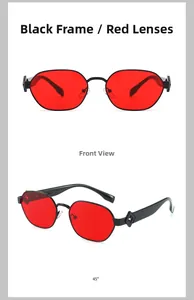Vue détaillée de lunettes de soleil carrées avec monture noire et verres teintés rouges