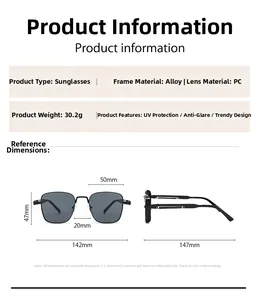 Detailed specs of square retro metal sunglasses with lens size and frame dimensions