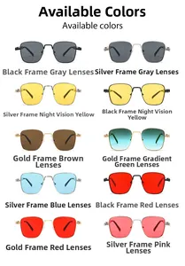Detailed catalog of vintage square metal sunglasses showing 10 various color lens options