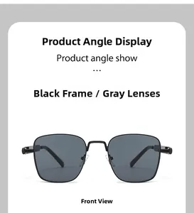 Detail of vintage square sunglasses with black frame and grey lenses for men