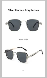 Front and 45-degree side view of silver metal square sunglasses with grey lenses