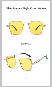 Detail of vintage silver metal square sunglasses with yellow night vision lenses