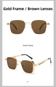 Close-up of vintage gold metal square frame sunglasses with brown lenses and filigree detail