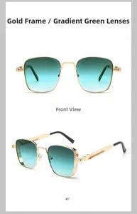 Detail view of retro gold metal sunglasses with gradient green lenses from two angles
